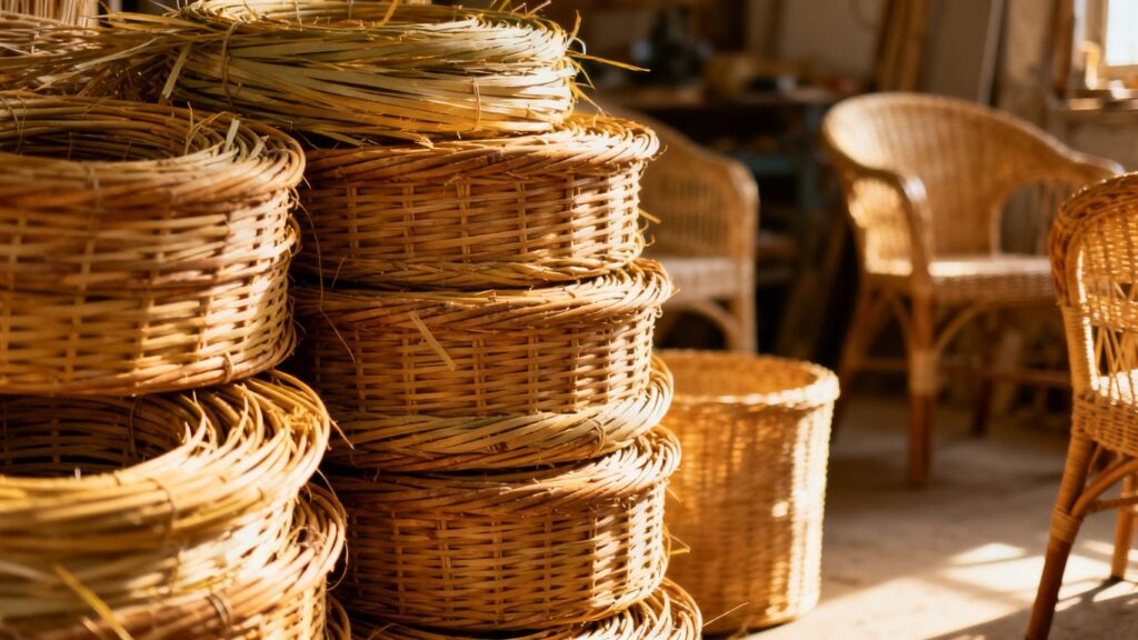 Wicker material and furniture in a workshop.