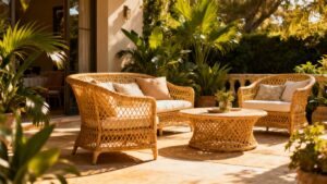 Rattan garden furniture sets on a sunny patio.