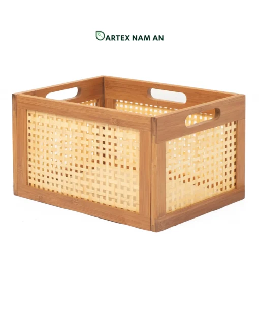Lower international shipping costs with our knock-down Wholesale Storage Basket. Crafted from premium natural bamboo with breathable woven webbing and 4-way handles. Ideal for HORECA, offices, and retail shelves. Bulk ready.