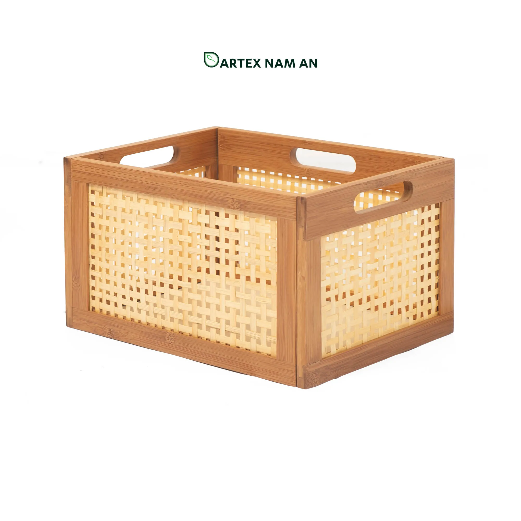 Natural Bamboo Wholesale Storage Basket, Cube Basket Collapsible for HORECA, Office, and Retail Lower international shipping costs with our knock-down Wholesale Storage Basket. Crafted from premium natural bamboo with breathable woven webbing and 4-way handles. Ideal for HORECA, offices, and retail shelves. Bulk ready.