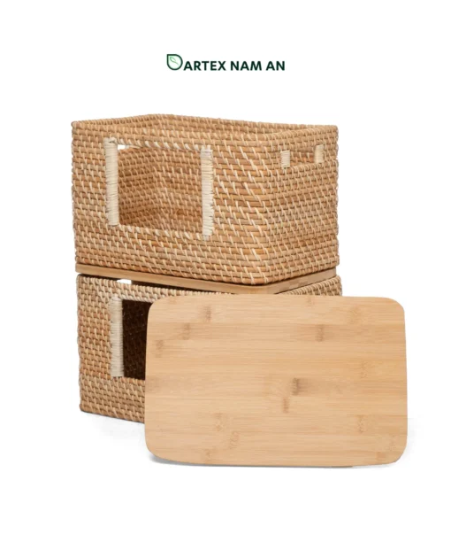 Optimize commercial vertical space with our modular stackable Wholesale Rattan Basket. Hand-woven rattan with solid bamboo lids and front-access windows for easy retrieval. Perfect for HORECA room amenities, offices, and modern retail. Bulk ready.