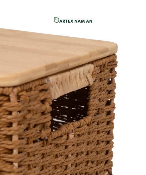 Optimize commercial vertical space with our modular Wholesale Storage Basket tower. Handwoven from water hyacinth and paper cord with a solid bamboo mid-lid. Features a front-loading base bin. Perfect for HORECA, offices, and retail. Bulk ready.