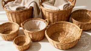 Assortment of premium wholesale rattan storage and decor baskets.