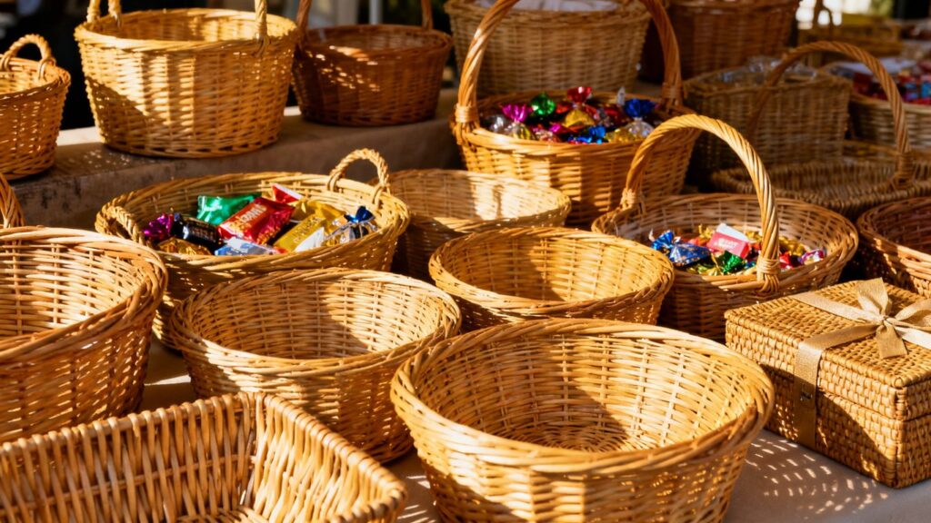 Bulk wicker baskets for storage and gifting.