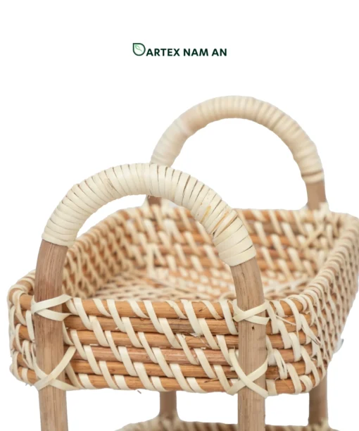 Maximize vertical countertop space with our 2-tier Wholesale Rattan Shelf. Hand-crafted from premium natural rattan with sturdy pole legs and woven basket tray tiers. Ideal for HORECA refreshment stations, corporate office desks, and modern home retail. Bulk ready.