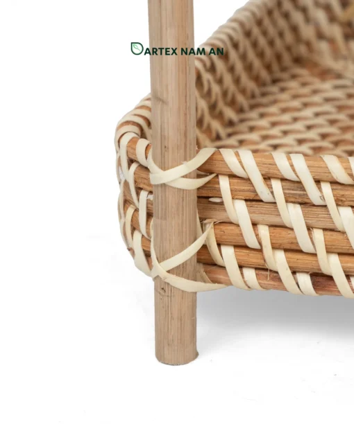 Maximize vertical countertop space with our 2-tier Wholesale Rattan Shelf. Hand-crafted from premium natural rattan with sturdy pole legs and woven basket tray tiers. Ideal for HORECA refreshment stations, corporate office desks, and modern home retail. Bulk ready.