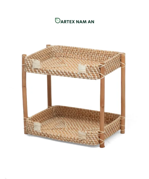 Maximize vertical countertop space with our 2-tier Wholesale Rattan Shelf. Hand-crafted from premium natural rattan with sturdy pole legs and woven basket tray tiers. Ideal for HORECA refreshment stations, corporate office desks, and modern home retail. Bulk ready.