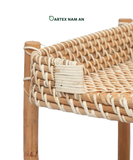 Maximize vertical countertop space with our 2-tier Wholesale Rattan Shelf. Hand-crafted from premium natural rattan with sturdy pole legs and woven basket tray tiers. Ideal for HORECA refreshment stations, corporate office desks, and modern home retail. Bulk ready.