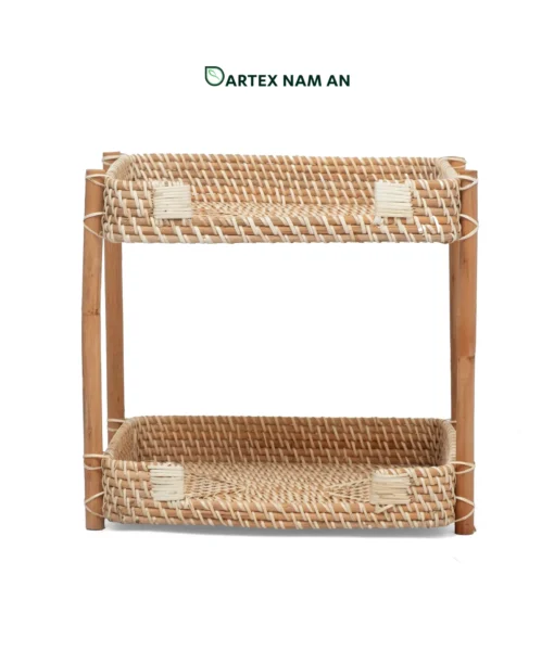 Maximize vertical countertop space with our 2-tier Wholesale Rattan Shelf. Hand-crafted from premium natural rattan with sturdy pole legs and woven basket tray tiers. Ideal for HORECA refreshment stations, corporate office desks, and modern home retail. Bulk ready.