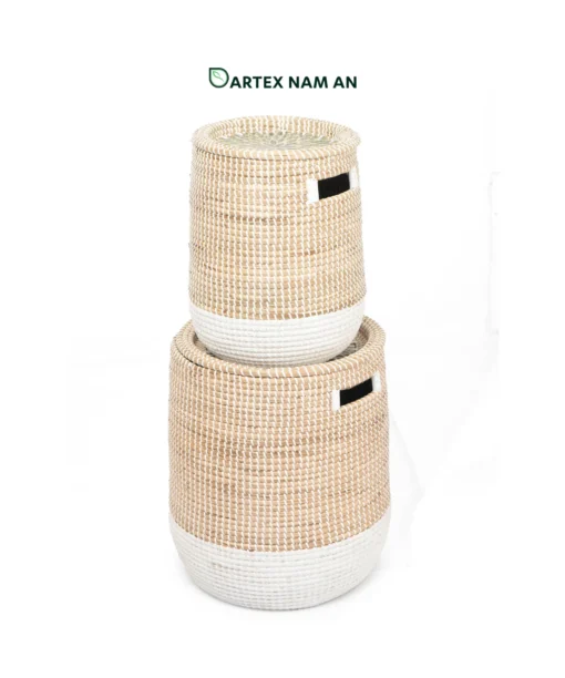 Expand your inventory with our eco-friendly Wholesale Rattan Basket set of 2. Featuring artisanal two-tone handweaving and decorative floral inlay lids. High-quality, premium-grade storage solution for HORECA, corporate offices, and home retail. Bulk order ready.