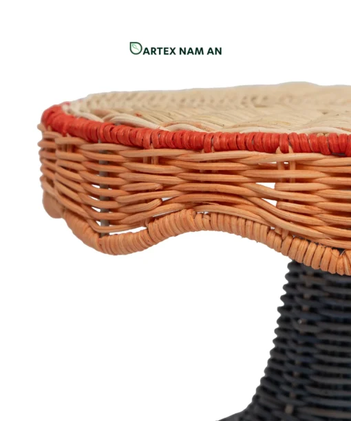 Elevate tabletop displays with our Wholesale Pedestal Tray. Handwoven from natural rattan featuring a scalloped apron, red trim accent, and dark slate grey base for HORECA buffets, corporate offices, and lifestyle retail. Bulk order ready.