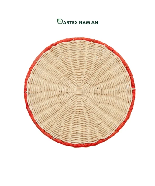 Elevate tabletop displays with our Wholesale Pedestal Tray. Handwoven from natural rattan featuring a scalloped apron, red trim accent, and dark slate grey base for HORECA buffets, corporate offices, and lifestyle retail. Bulk order ready.