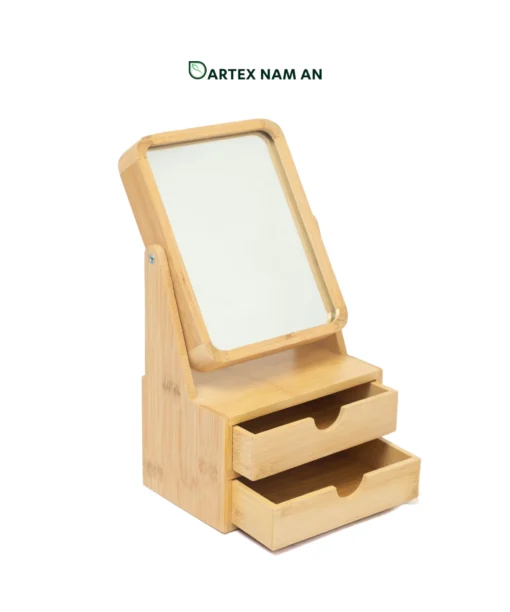 Streamline vanity and counter organization with our natural bamboo Wholesale Storage Box. Features 2 pull-out drawers and a swiveling mirror for cosmetics, jewelry, and HORECA guest rooms. Bulk ready.
