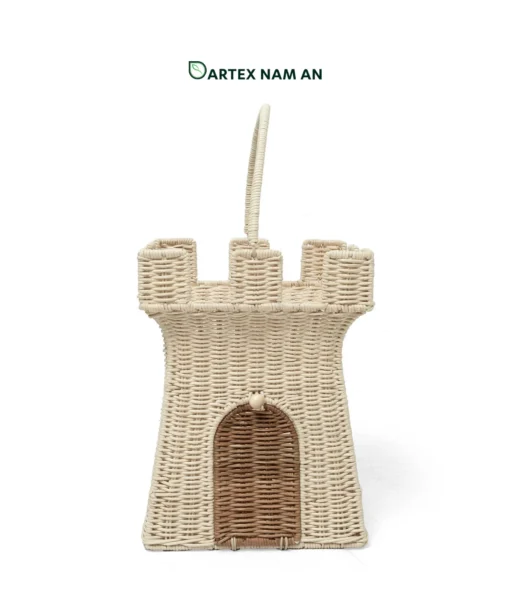 Expand your retail lineup with our whimsical castle-shaped Wholesale Rattan Basket. Handwoven from natural cream rattan with a sturdy overhead handle, this Wholesale Rattan Basket is engineered for kids' toy storage, nursery decor, and holiday gift packaging. Bulk order ready.