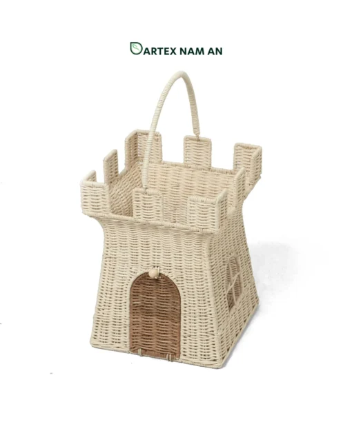 Expand your retail lineup with our whimsical castle-shaped Wholesale Rattan Basket. Handwoven from natural cream rattan with a sturdy overhead handle, this Wholesale Rattan Basket is engineered for kids' toy storage, nursery decor, and holiday gift packaging. Bulk order ready.