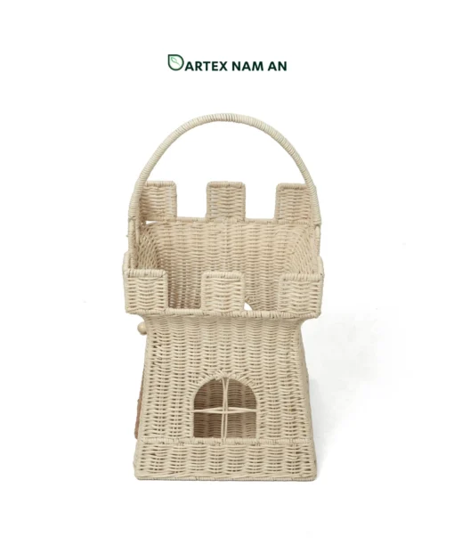 Expand your retail lineup with our whimsical castle-shaped Wholesale Rattan Basket. Handwoven from natural cream rattan with a sturdy overhead handle, this Wholesale Rattan Basket is engineered for kids' toy storage, nursery decor, and holiday gift packaging. Bulk order ready.