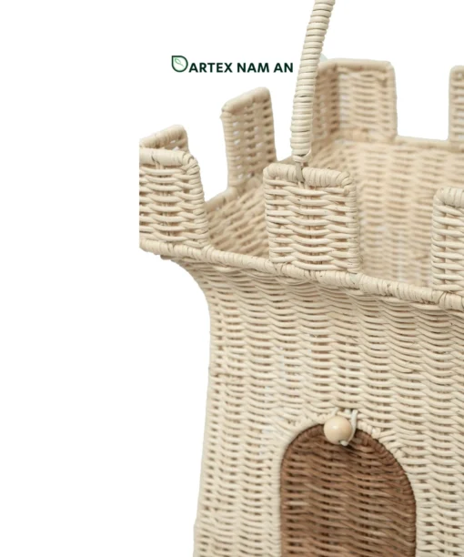 Expand your retail lineup with our whimsical castle-shaped Wholesale Rattan Basket. Handwoven from natural cream rattan with a sturdy overhead handle, this Wholesale Rattan Basket is engineered for kids' toy storage, nursery decor, and holiday gift packaging. Bulk order ready.