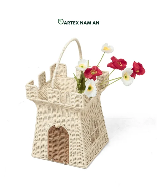 Expand your retail lineup with our whimsical castle-shaped Wholesale Rattan Basket. Handwoven from natural cream rattan with a sturdy overhead handle, this Wholesale Rattan Basket is engineered for kids' toy storage, nursery decor, and holiday gift packaging. Bulk order ready.