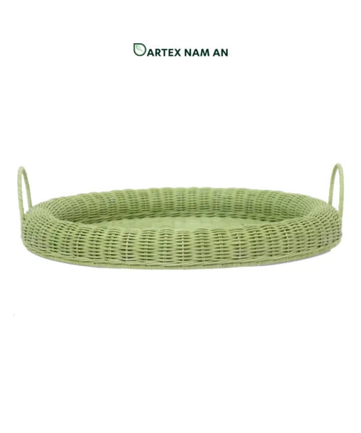 Expand your inventory with our sage green Wholesale Tray. Handwoven from natural rattan with a thick rolled rim and upright handles for HORECA, corporate offices, and lifestyle retail. Bulk order ready.
