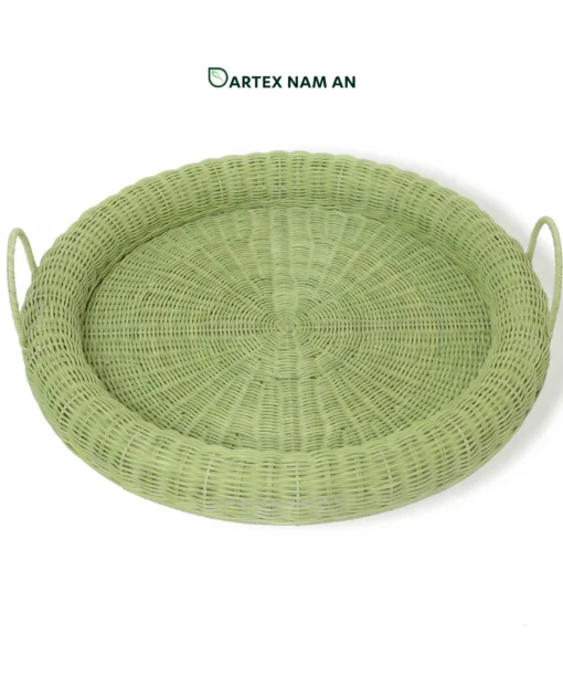 Expand your inventory with our sage green Wholesale Tray. Handwoven from natural rattan with a thick rolled rim and upright handles for HORECA, corporate offices, and lifestyle retail. Bulk order ready.