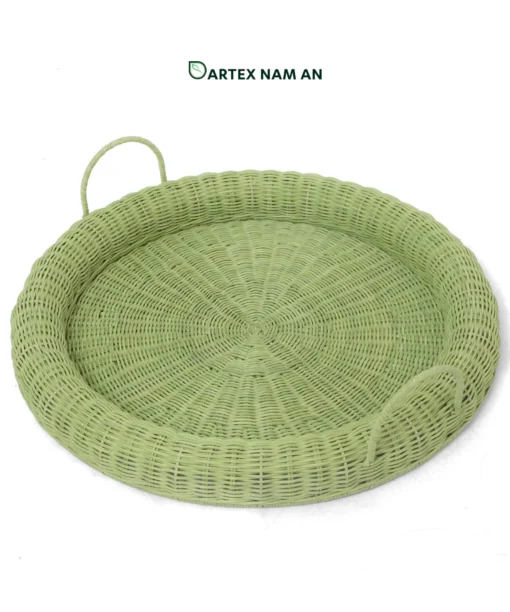 Expand your inventory with our sage green Wholesale Tray. Handwoven from natural rattan with a thick rolled rim and upright handles for HORECA, corporate offices, and lifestyle retail. Bulk order ready.