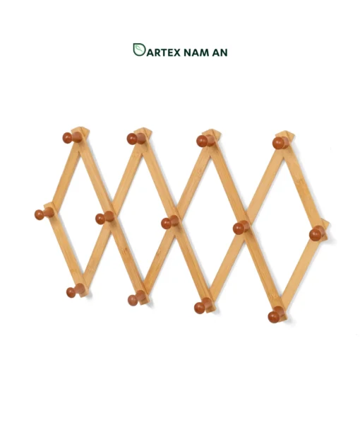 Optimize entryway and bathroom storage with our expandable bamboo Wholesale Wall Shelf. Features a retractable accordion design with 10 peg knobs for towels, coats, HORECA guest rooms, and offices. Bulk trade ready.