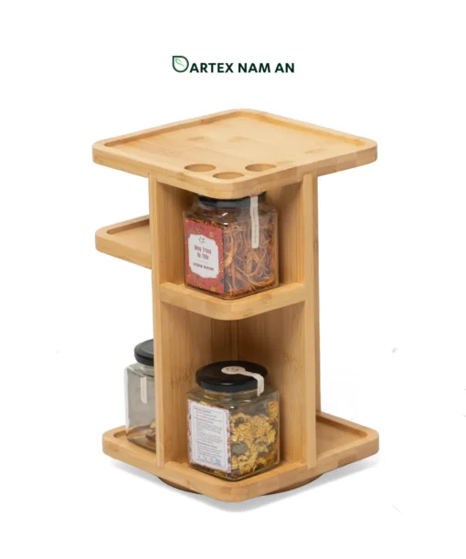 Maximize countertop efficiency with our 360° rotating natural bamboo Wholesale Storage Rack. Features multi-tier staggered compartments and top utensil cutouts for condiments, spices, HORECA tables, and breakrooms. Bulk trade ready.