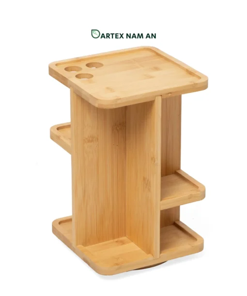 Maximize countertop efficiency with our 360° rotating natural bamboo Wholesale Storage Rack. Features multi-tier staggered compartments and top utensil cutouts for condiments, spices, HORECA tables, and breakrooms. Bulk trade ready.