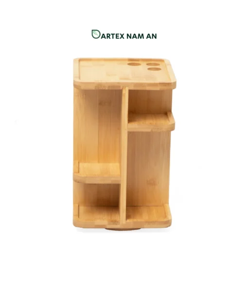 Maximize countertop efficiency with our 360° rotating natural bamboo Wholesale Storage Rack. Features multi-tier staggered compartments and top utensil cutouts for condiments, spices, HORECA tables, and breakrooms. Bulk trade ready.