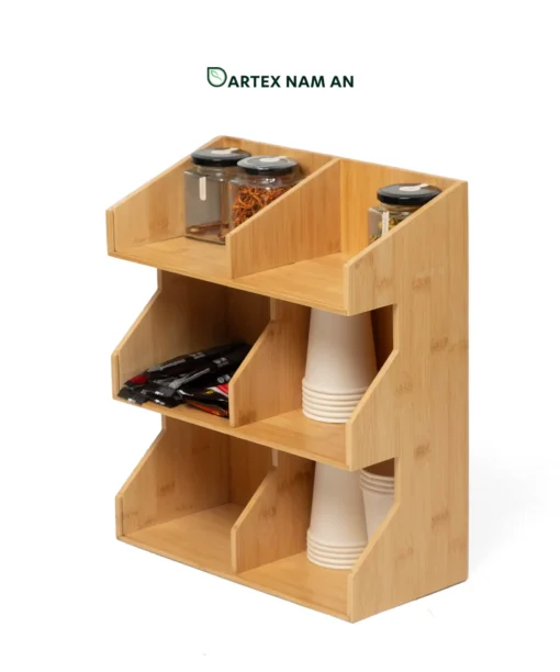 Maximize vertical countertop space with our natural bamboo Wholesale Storage Rack. Features 3 tiers and 6 angled open bins for towels, HORECA amenities, coffee stations, and office supplies. Bulk trade ready.
