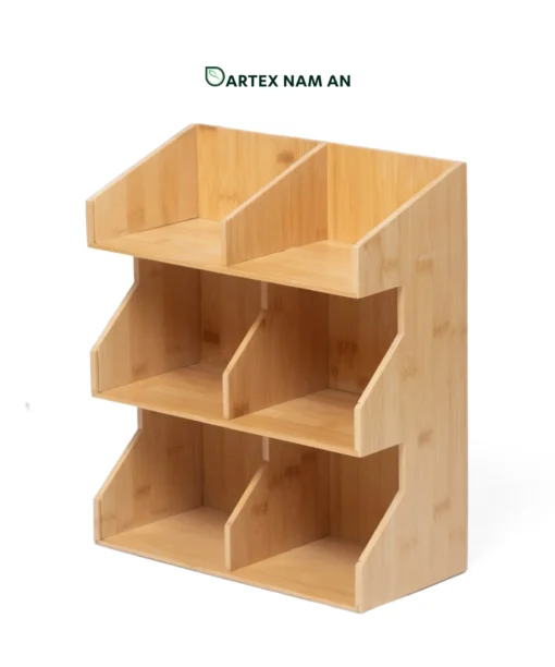 Maximize vertical countertop space with our natural bamboo Wholesale Storage Rack. Features 3 tiers and 6 angled open bins for towels, HORECA amenities, coffee stations, and office supplies. Bulk trade ready.