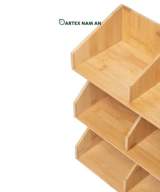 Maximize vertical countertop space with our natural bamboo Wholesale Storage Rack. Features 3 tiers and 6 angled open bins for towels, HORECA amenities, coffee stations, and office supplies. Bulk trade ready.