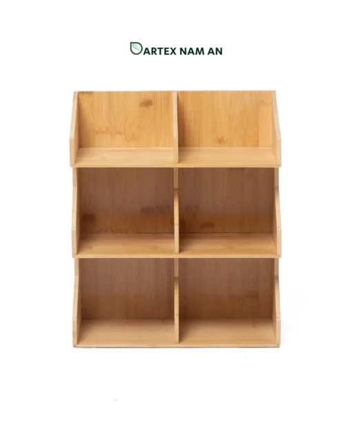 Maximize vertical countertop space with our natural bamboo Wholesale Storage Rack. Features 3 tiers and 6 angled open bins for towels, HORECA amenities, coffee stations, and office supplies. Bulk trade ready.