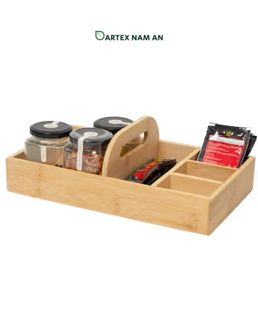 Streamline countertop organization with our natural bamboo Wholesale Storage Caddy. Features divided compartments and a center handle for towels, cutlery, office supplies, and HORECA table service. Bulk trade ready.