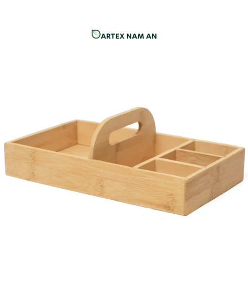 Streamline countertop organization with our natural bamboo Wholesale Storage Caddy. Features divided compartments and a center handle for towels, cutlery, office supplies, and HORECA table service. Bulk trade ready.