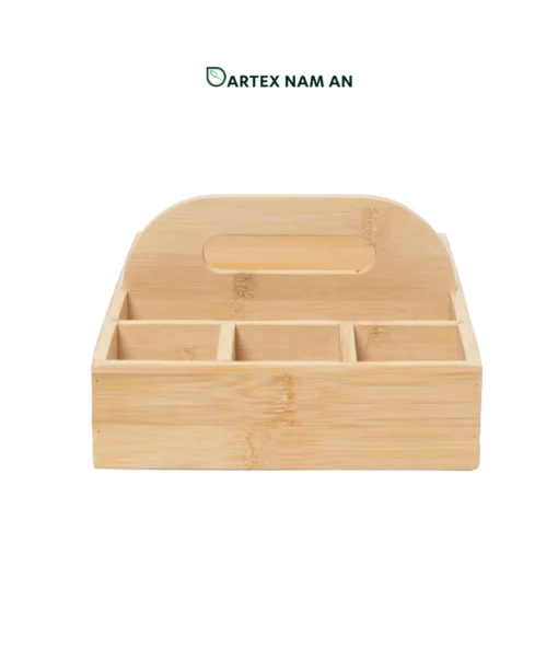 Streamline countertop organization with our natural bamboo Wholesale Storage Caddy. Features divided compartments and a center handle for towels, cutlery, office supplies, and HORECA table service. Bulk trade ready.
