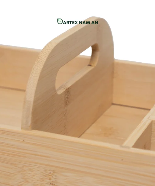 Streamline countertop organization with our natural bamboo Wholesale Storage Caddy. Features divided compartments and a center handle for towels, cutlery, office supplies, and HORECA table service. Bulk trade ready.