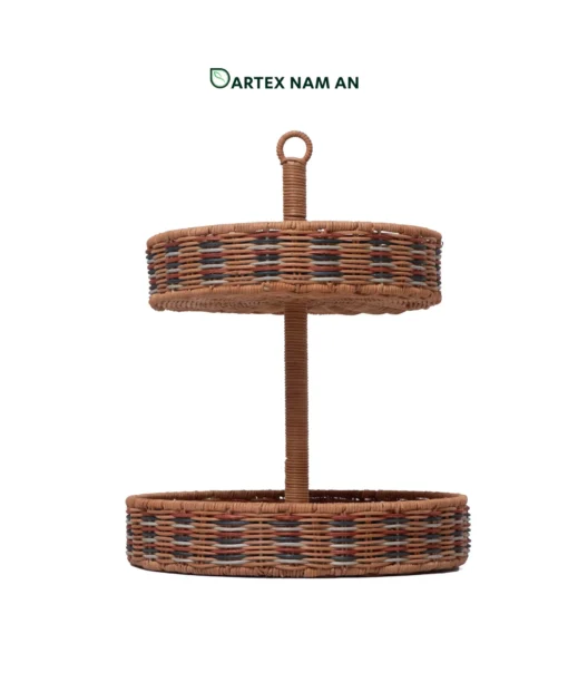 Maximize vertical table presentation with our 2-tier Wholesale Serving Tray. Handwoven from natural rattan with a multi-tone rim pattern and central ring handle for HORECA buffets, corporate offices, and lifestyle home retail. Bulk order ready.