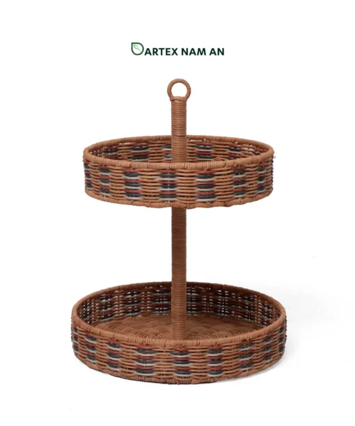 Maximize vertical table presentation with our 2-tier Wholesale Serving Tray. Handwoven from natural rattan with a multi-tone rim pattern and central ring handle for HORECA buffets, corporate offices, and lifestyle home retail. Bulk order ready.