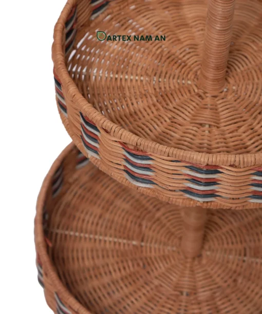 Maximize vertical table presentation with our 2-tier Wholesale Serving Tray. Handwoven from natural rattan with a multi-tone rim pattern and central ring handle for HORECA buffets, corporate offices, and lifestyle home retail. Bulk order ready.