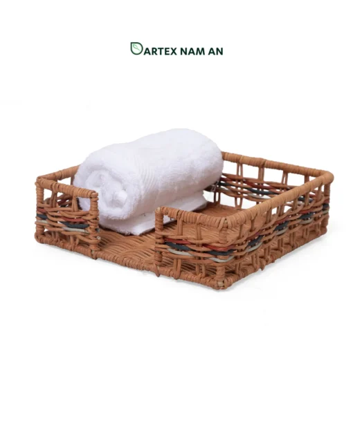 Organize vanity tops and active desks with our natural rattan Wholesale Tray. Featuring a front access cutout, this versatile wholesale paper tray and wholesale basket caddy is engineered for HORECA guest amenities, corporate office sorting, and modern home retail. Bulk order ready.