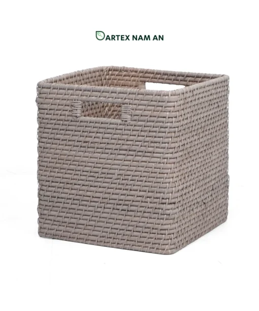 Optimize commercial shelving and cubbies with our grey handwoven Cube Rattan basket wholesale. Designed for towel storage, office filing, and hotel amenities. Bulk trade ready.