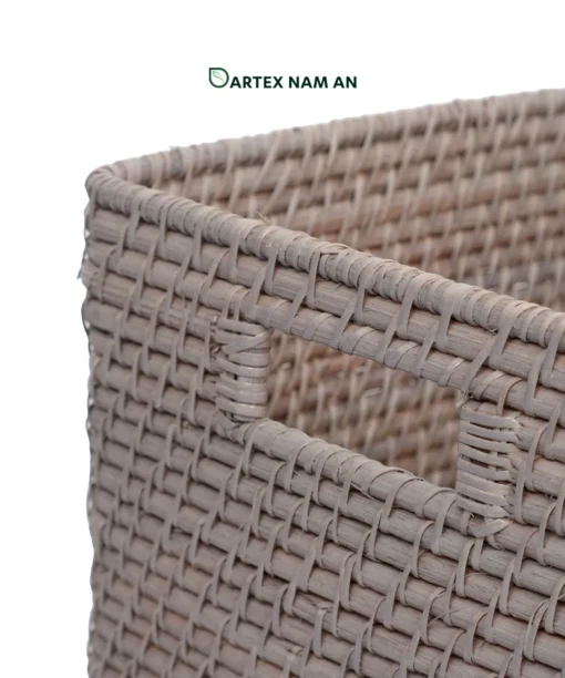 Optimize commercial shelving and cubbies with our grey handwoven Cube Rattan basket wholesale. Designed for towel storage, office filing, and hotel amenities. Bulk trade ready.