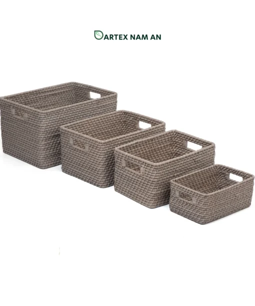 Streamline commercial and residential organization with our grey handwoven rattan Storage Basket Wholesale set of 4. Nesting rectangular bins with handles for towels, linens, and amenities. Bulk ready.