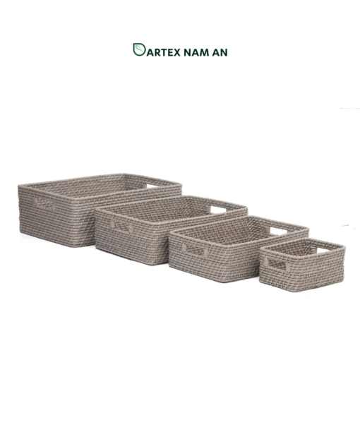 Organize commercial and residential spaces with our grey handwoven rattan Wholesale Storage Basket set of 4. Nesting rectangular bins with handles for towels, linens, and guest amenities. Bulk ready.