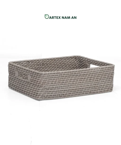 Organize commercial and residential spaces with our grey handwoven rattan Wholesale Storage Basket set of 4. Nesting rectangular bins with handles for towels, linens, and guest amenities. Bulk ready.