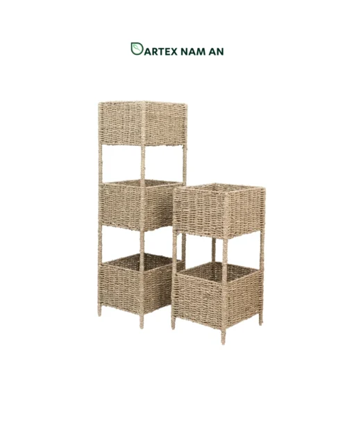 Maximize floor and vertical storage with our natural seagrass Wholesale Shelf unit. Features 2-tier and 3-tier standing towers with deep woven basket shelves for HORECA and home. Bulk ready.