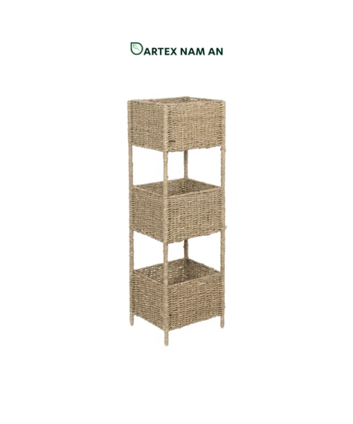Maximize floor and vertical storage with our natural seagrass Wholesale Shelf unit. Features 2-tier and 3-tier standing towers with deep woven basket shelves for HORECA and home. Bulk ready.