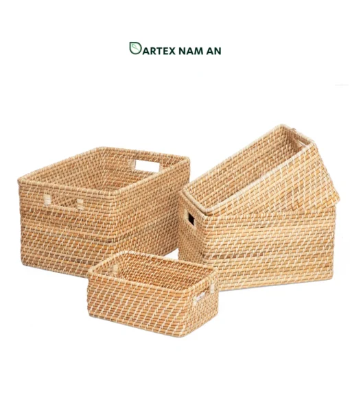 Source our handwoven natural rattan Storage basket wholesale nesting set. Rectangular shelf organizers with handles for towels, linens, and amenities. Bulk ready.
