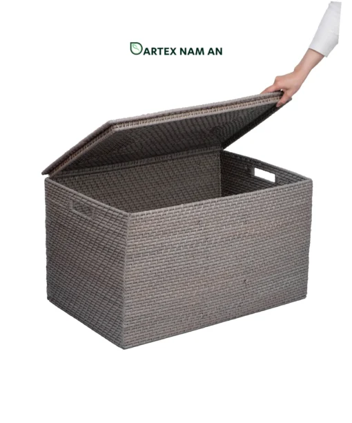 Upgrade commercial inventory with our handwoven grey rattan Storage Box Wholesale with lid. Rectangular lidded trunk for towels, linens, and guest amenities. Bulk trade ready.